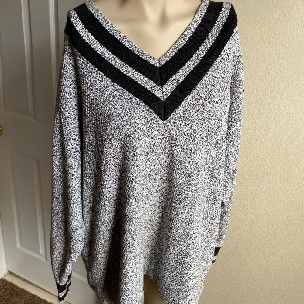 Plus size Elisabeth by Liz Claiborne grey and black varsity v neck sweater